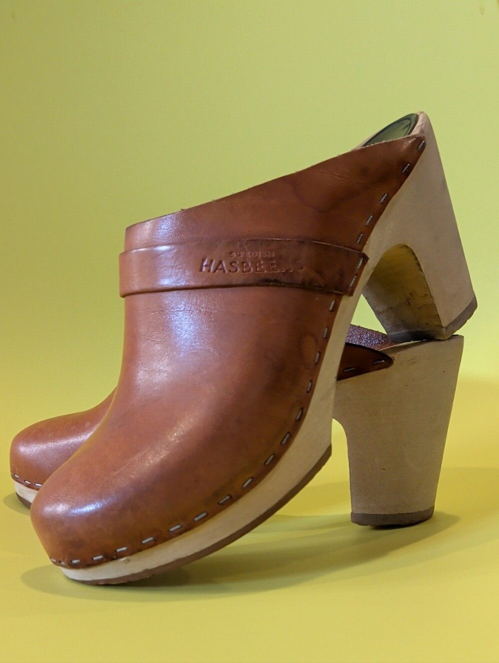 Swedish Hasbeens Brown Leather Platform Clogs